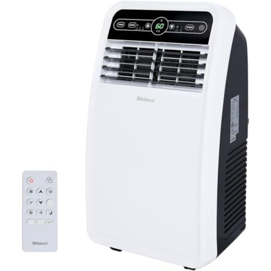 最大 350 平方フィートの部屋用のポータブル AC ユニット、プラスチック製ハウジング、白、除湿機およびファン モード付き 8000 BTU 冷却、リモート コ