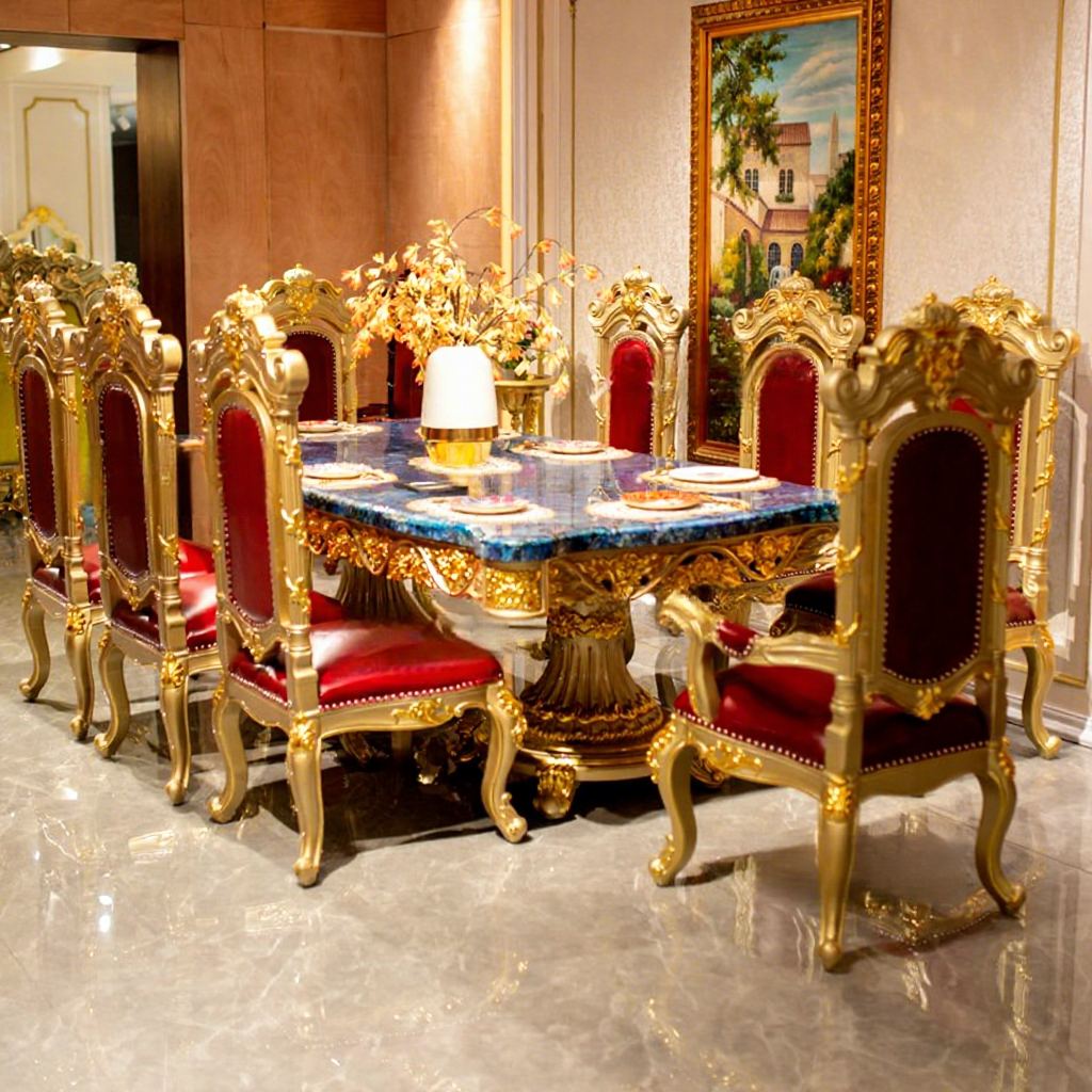 #European Style Luxury Stone Dining Table Chair Set French Palace Rectangular Villa Hotel Use