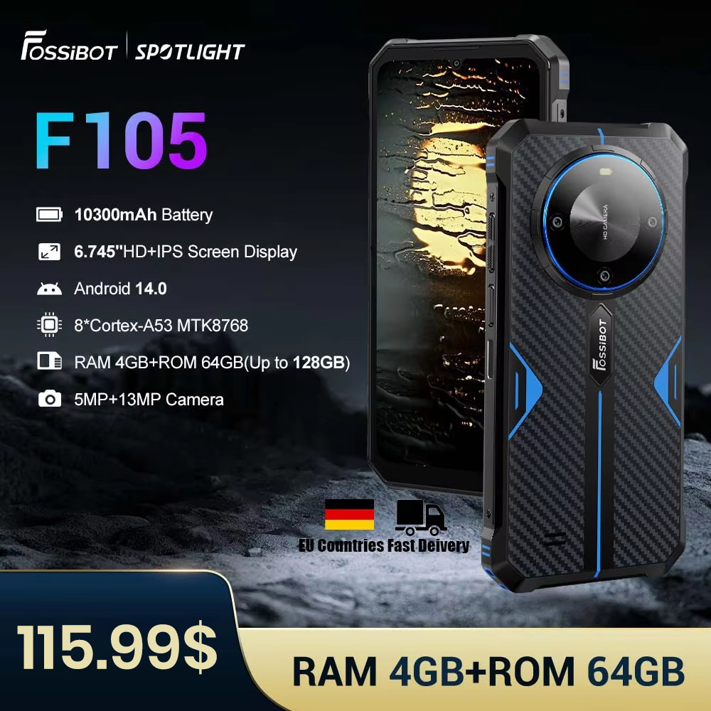 [世界初公開] FOSSiBOT F105 Rug Phone 6.745インチ HD 10300mAh オクタコア 4GB 64GB スマートフォン Android 14 20 MP Face ID 携帯電話