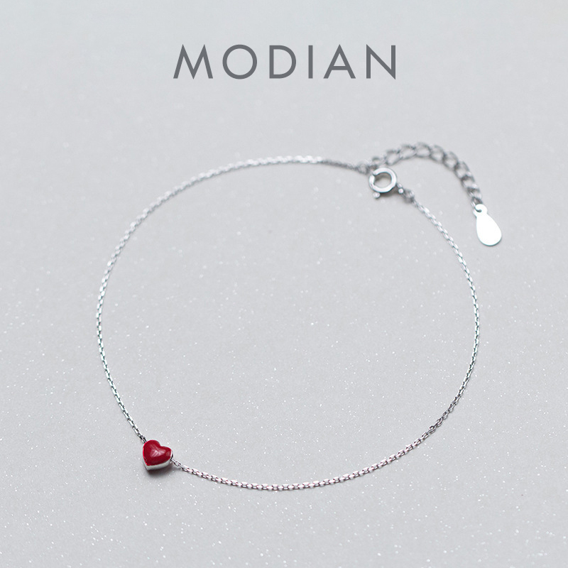 Modian ファッション愛レッドハートシルバーアンクレット女性のためのシンプルなエナメルチェーンブレスレット脚足ジュエリーファムアクセサリー