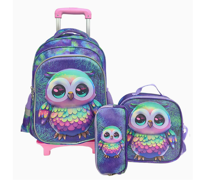 フクロウスクールホイール付きバックパックランチバッグセット子供ローリングバックパック通学バッグセット車輪付きランドセルスクールトロリーバッグ女の子のための
