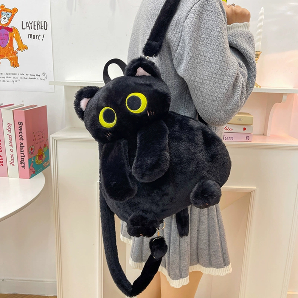 33 センチメートルかわいい大きな目猫ぬいぐるみ黒バックパックかわいい大容量ぬいぐるみバッグ少年少女女性ぬいぐるみバックパックギフト