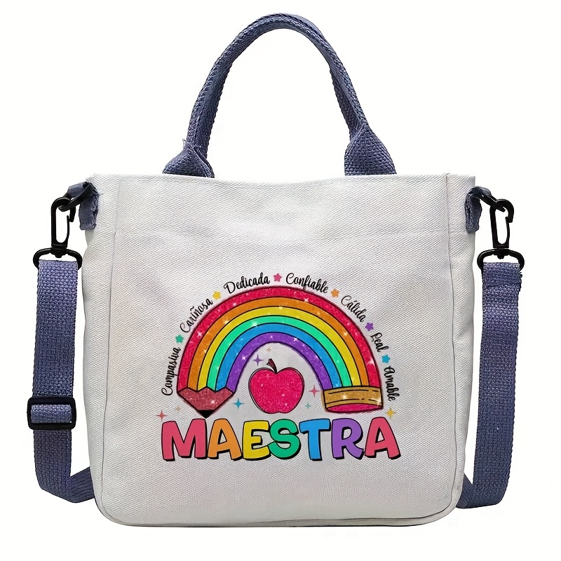 Maestra プリント キャンバス トートバッグ 調節可能なストラップ付き カジュアル ショルダーバッグ 教師や友人へのギフトに最適、教師へのギフト