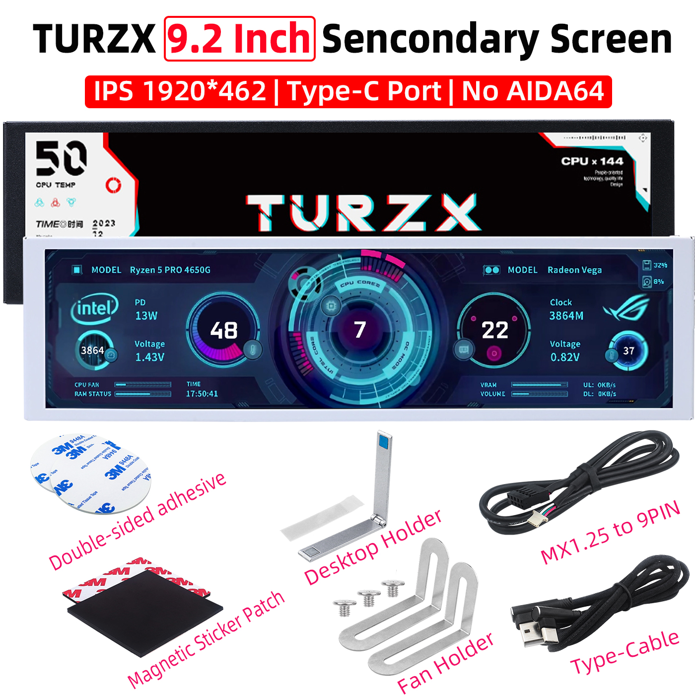TURZX 9.2 インチ Type-C シャーシ セカンダリ スクリーン 1920*462 IPS ディスプレイ CPU GPU RAM HDD 天気モニター LCD なし AIDA64 USD ディスプレイ