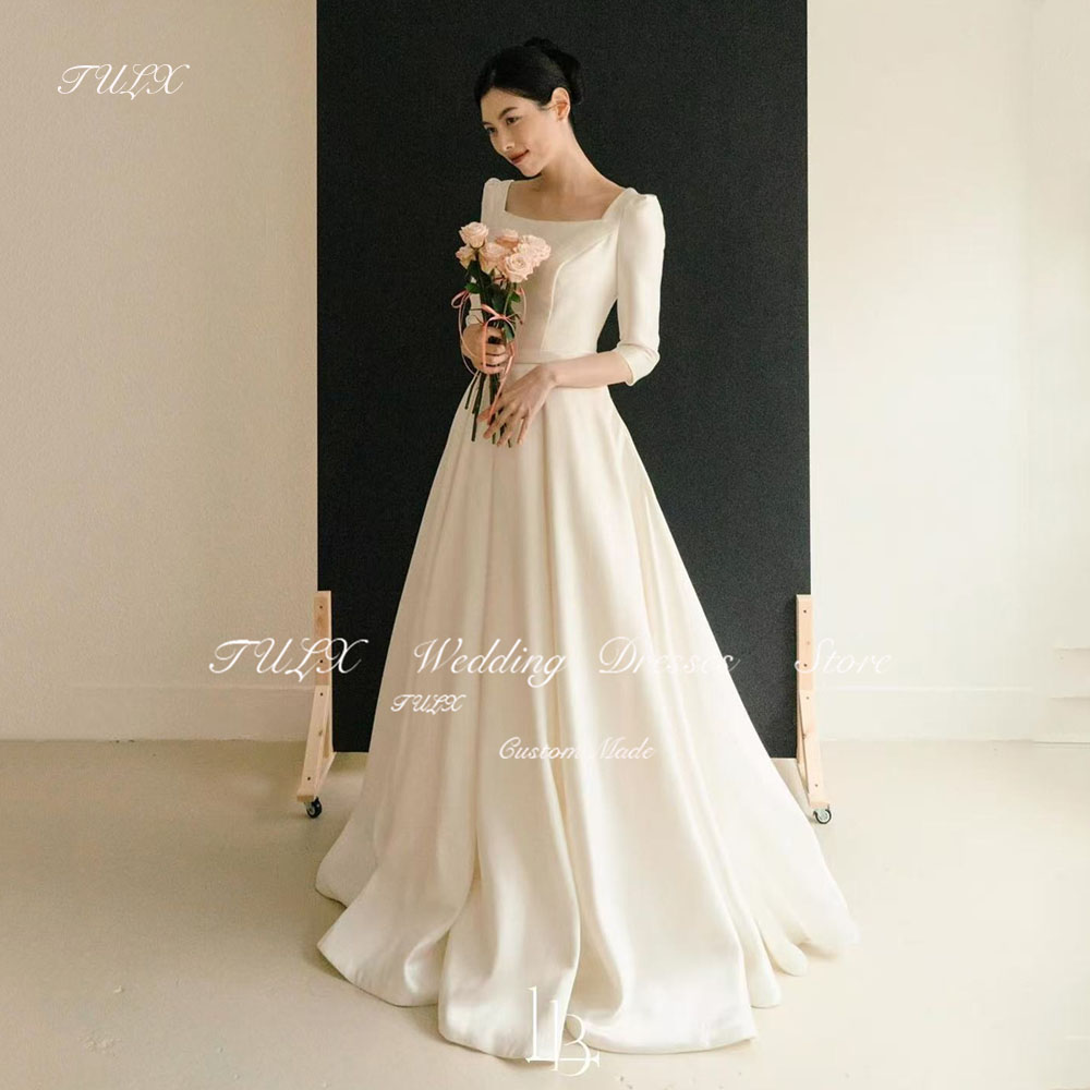 TULX Simple Square Collar Half Sleeve Korea Wedding Dress Photo Shoot Long Satin Bridal Gown Corset 신부 웨딩드레스 Customized 2025