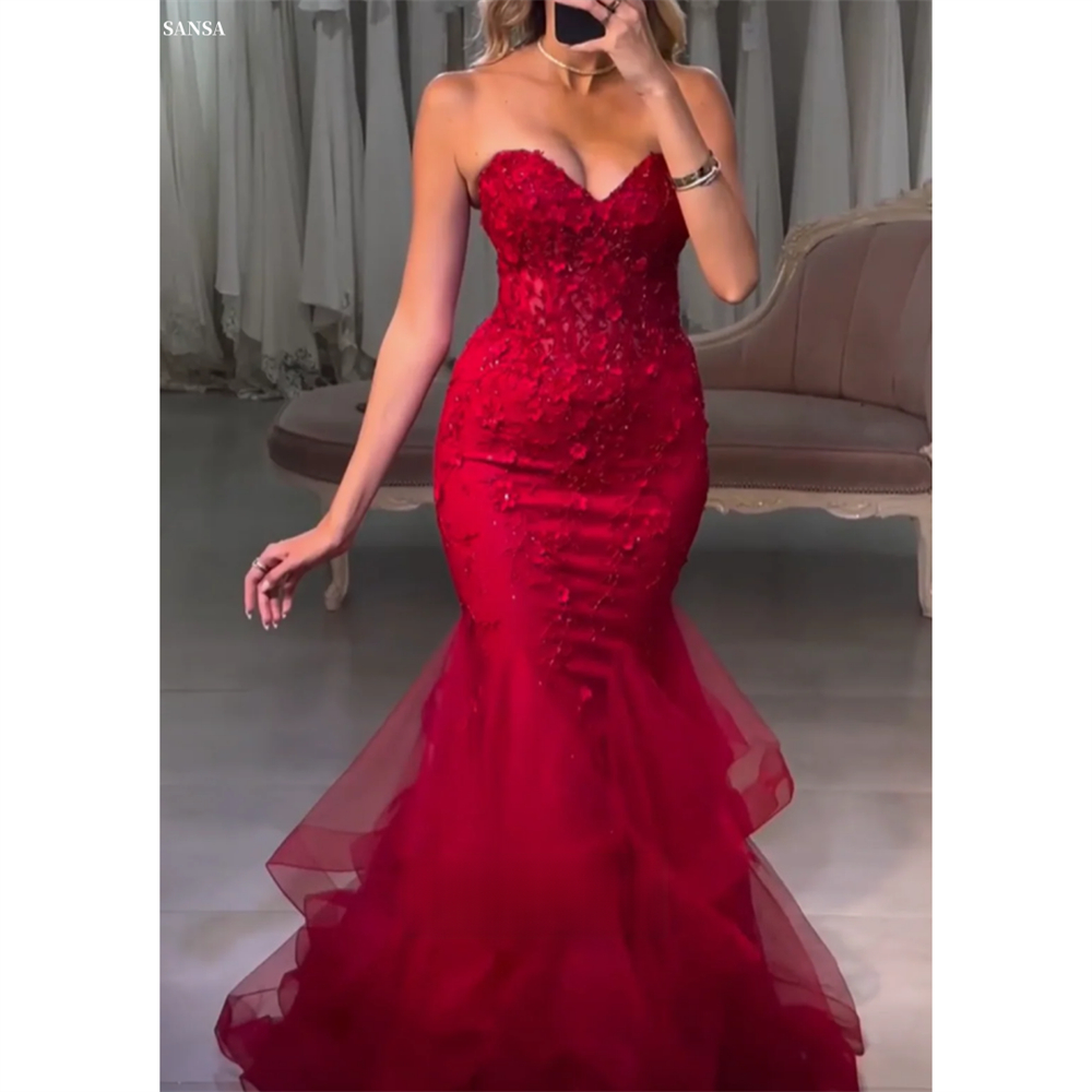 Sansa カスタマイズされたレッドマーメイド恋人ネックフラワーアップリケウエディングドレスノースリーブ Vestidos デ ノーチェ床長さのフォーマルガウン