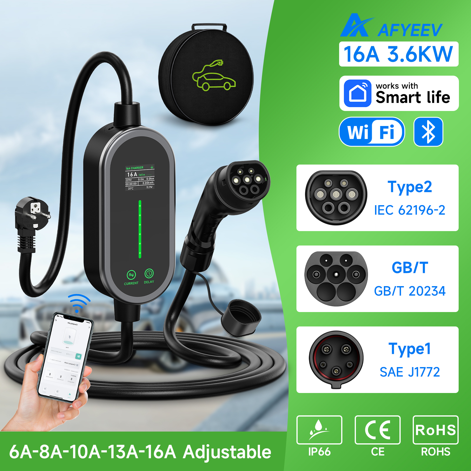 AFYEEV 3600 ワットポータブル Type2 IEC62196-2 EV 充電器 Type1 SAE J1772 電気自動車の充電器 GBT EVSE 充電ケーブルウォールボックス EU プラグ