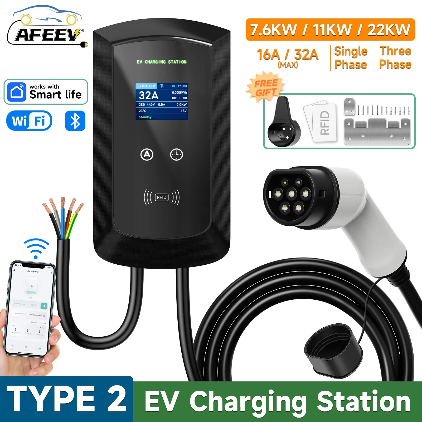 AFEEV 32A EV 充電ステーション 22KW 3 相タイプ 2 壁掛け充電器 Bluetooth APP 制御 IEC62196-2 EVSE 5 メートルケーブル