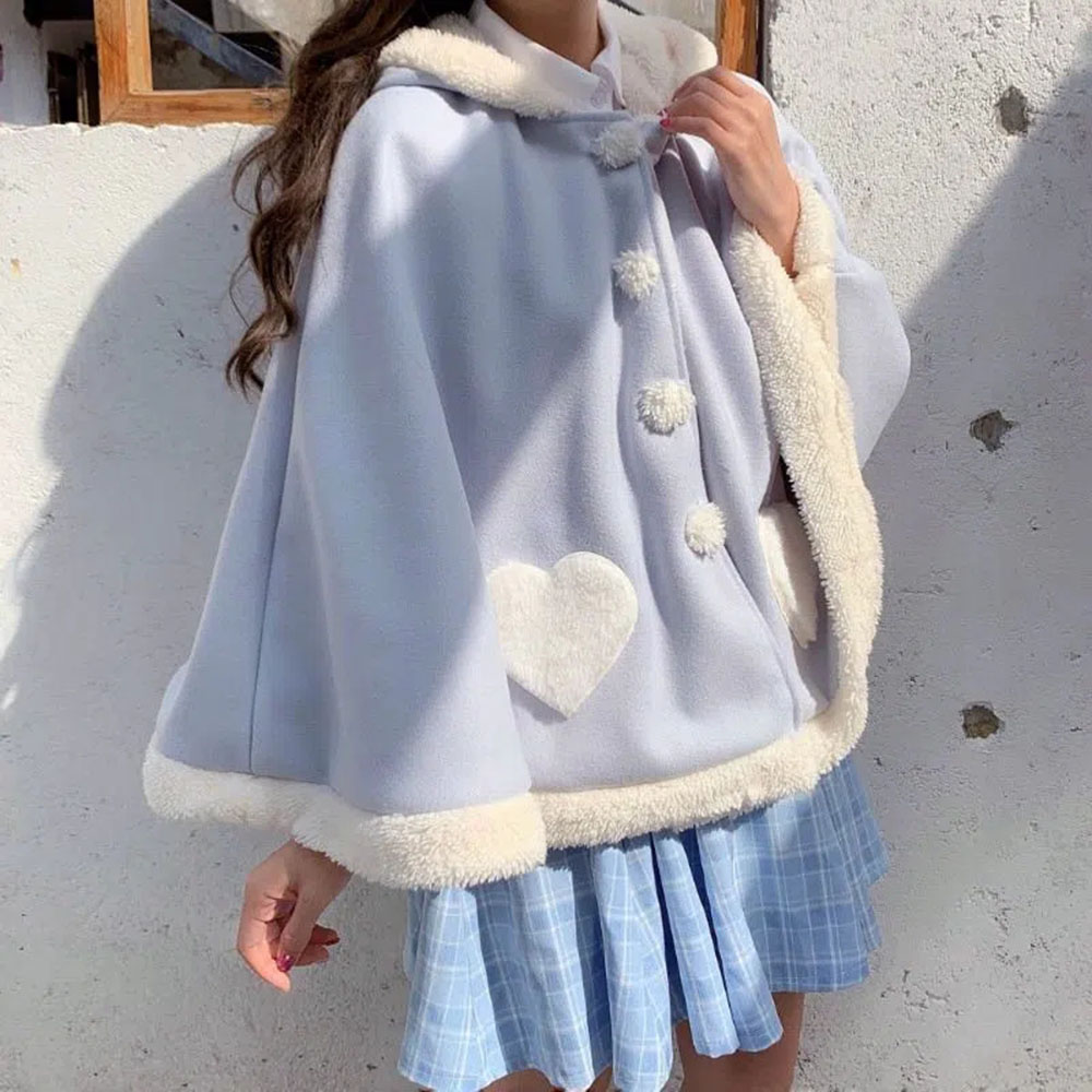 秋冬かわいい女の子ロリータケープコートフェイクファーカーディガン猫耳ぬいぐるみマント女性かわいいピンクフード付きポンチョ甘いオーバーコート
