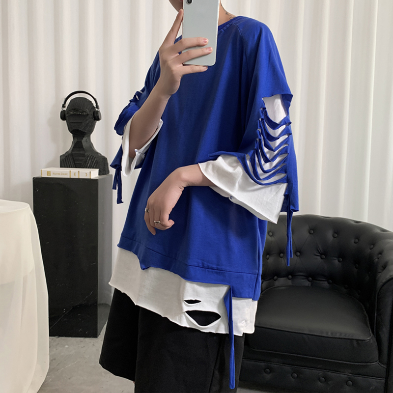 夏ヒップホップメンズ半袖ホール Tシャツ半袖トレンドヒップホップ服