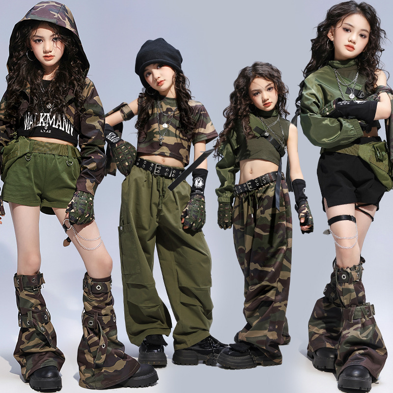 女の子 Kpop ヒップホップの服迷彩クロップトップパンツジャズダンス衣装グリーンタンクトップショーツストリートダンスセットステージ着用服