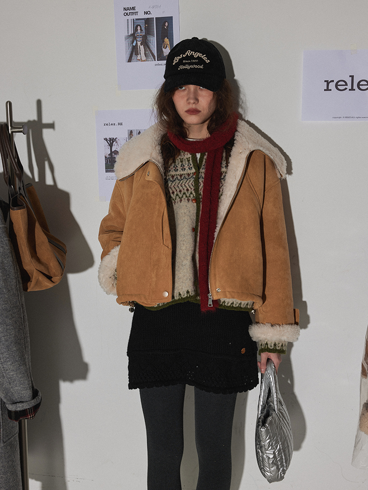 Relez 毛皮裏地肥厚冬アウター女性の襟高密度ぬいぐるみレザーコートルーズフィット多用途トップ