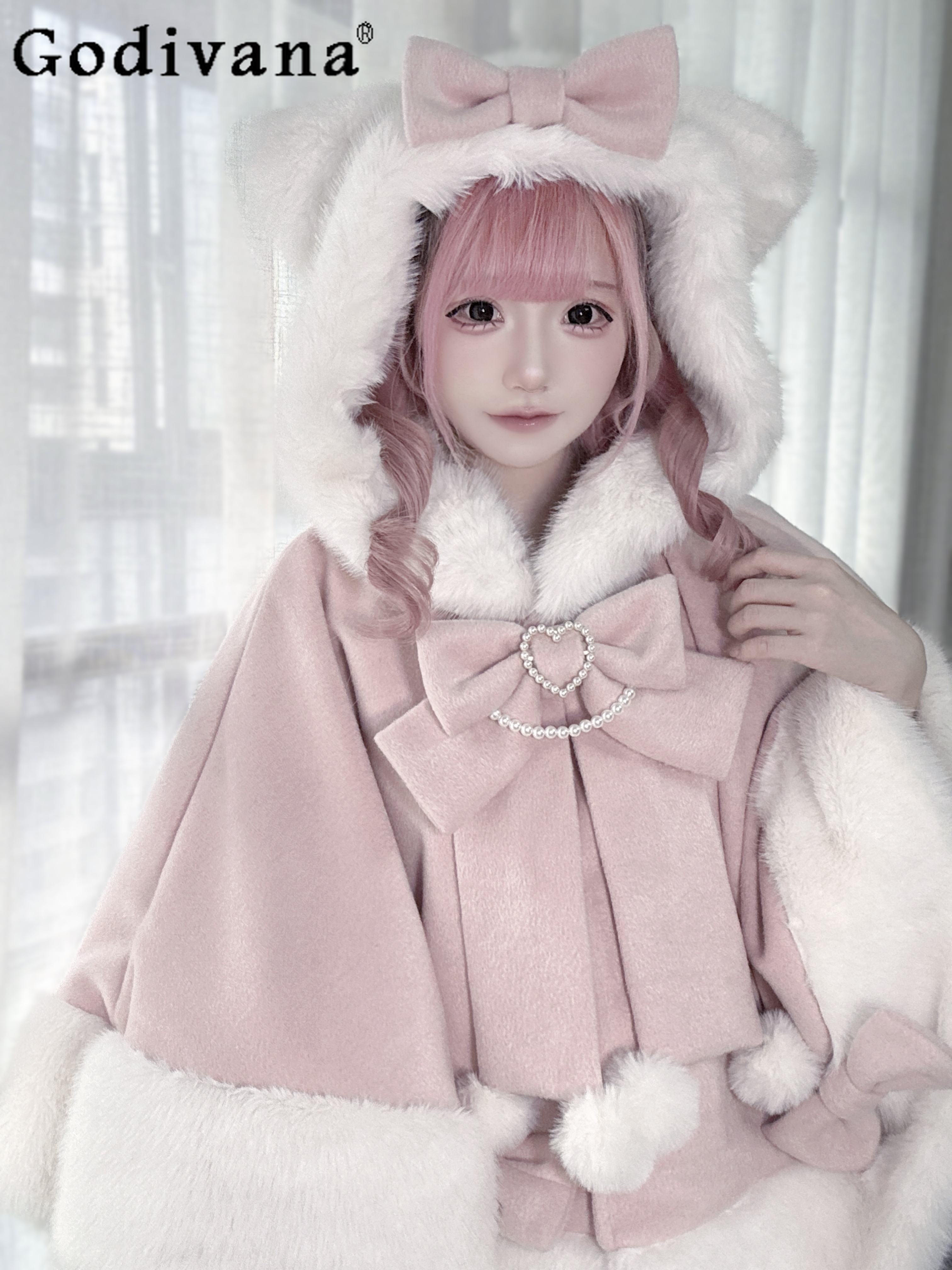 女の子甘いロリータピンクのフード付きマント秋冬新女性の日本鉱山かわいい弓ケープポンチョ Y2K ぬいぐるみ暖かいショートジャケット