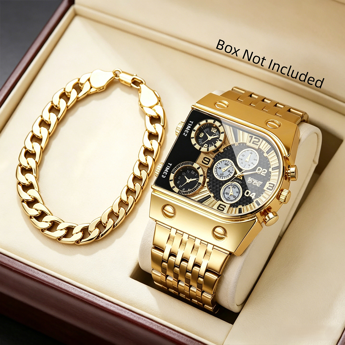 2PCS Luxury Square Men Business Watch Bracelet Set Decorative Dial Stainless Steel Band Quartz Wristwatches Clock  (Without Box)