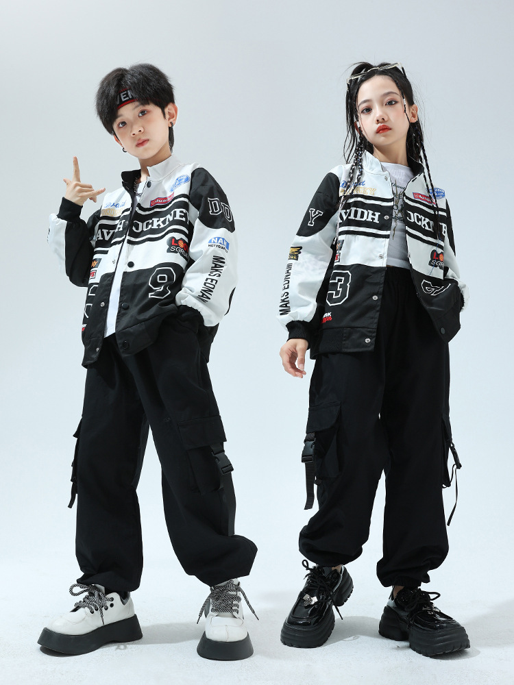 ボーイズヒップホップオートバイジャケットカーゴパンツガールズ K-POP ストリートダンスコントラストコート子供ジャズ服子供ストリートセット