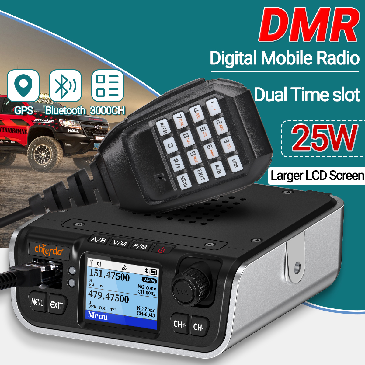 Chierda M520D デュアルバンド DMR デジタルモバイルラジオ 25 ワット GPS デュアルモードアナログデュアルタイムスロット Bluetooth 3000CH VHF UHF トランシーバー