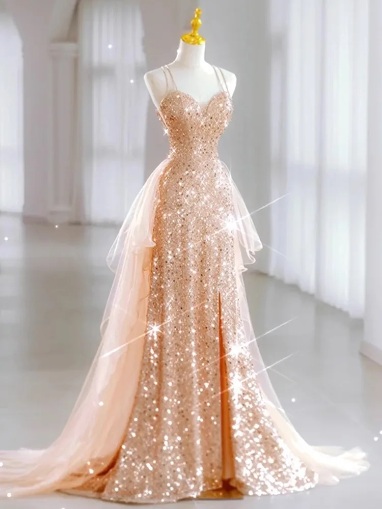 Bomaris スパゲッティストラップマーメイドイブニングパーティードレス Vestidos デフェスタスパンコールコートトレイン Abendkleider プロムドレスカスタマイズ
