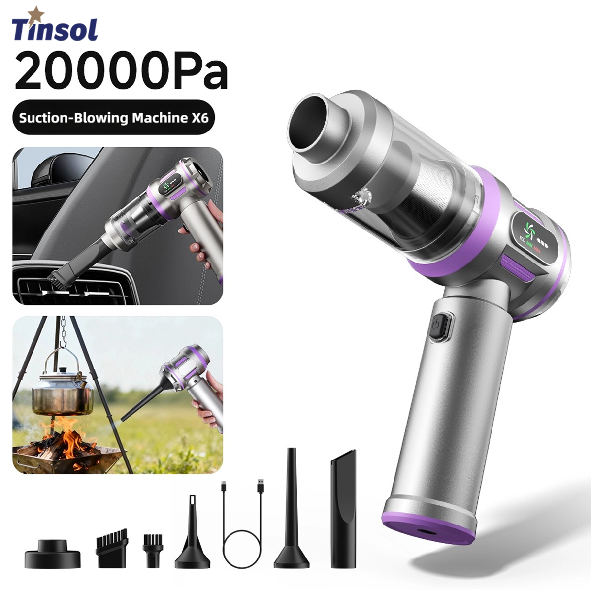 TINSOL 20000Pa 車用掃除機ハイパワーポータブルハンドヘルドコードレスブラシレスモータークリーナー強力な送風機