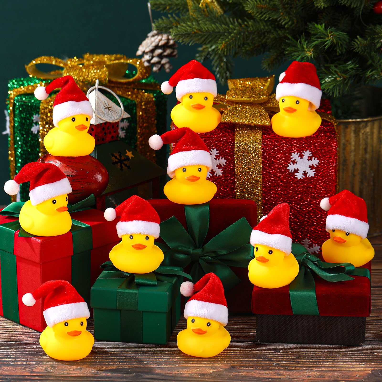 クリスマス帽子付きクリスマスゴム製アヒル - 小さな、黄色、浮く、きしむ音の出る浴槽のおもちゃ、女の子、男の子のシャワー用