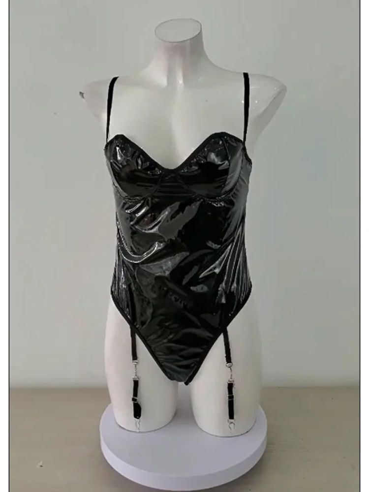S-XXL スパゲッティ stap 形の胸ウェットルック PVC キャットスーツ水着光沢のある PU レザーボディスーツタイトなセクシーなクラブウェアボディベルトテディ