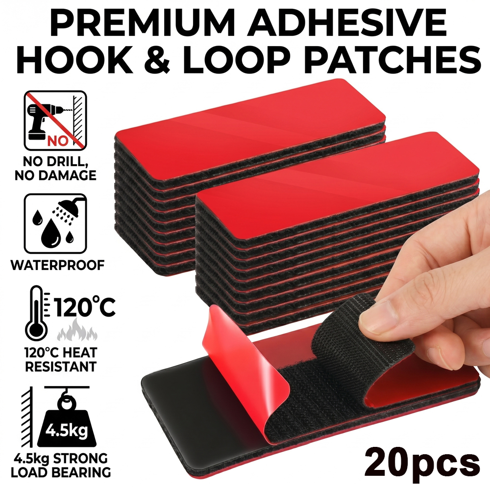 高耐久面ファスナーテープ 8x3cm 自己粘着式テープファスナー 120℃ 耐熱防水 穴あけ不要 車・家庭用
