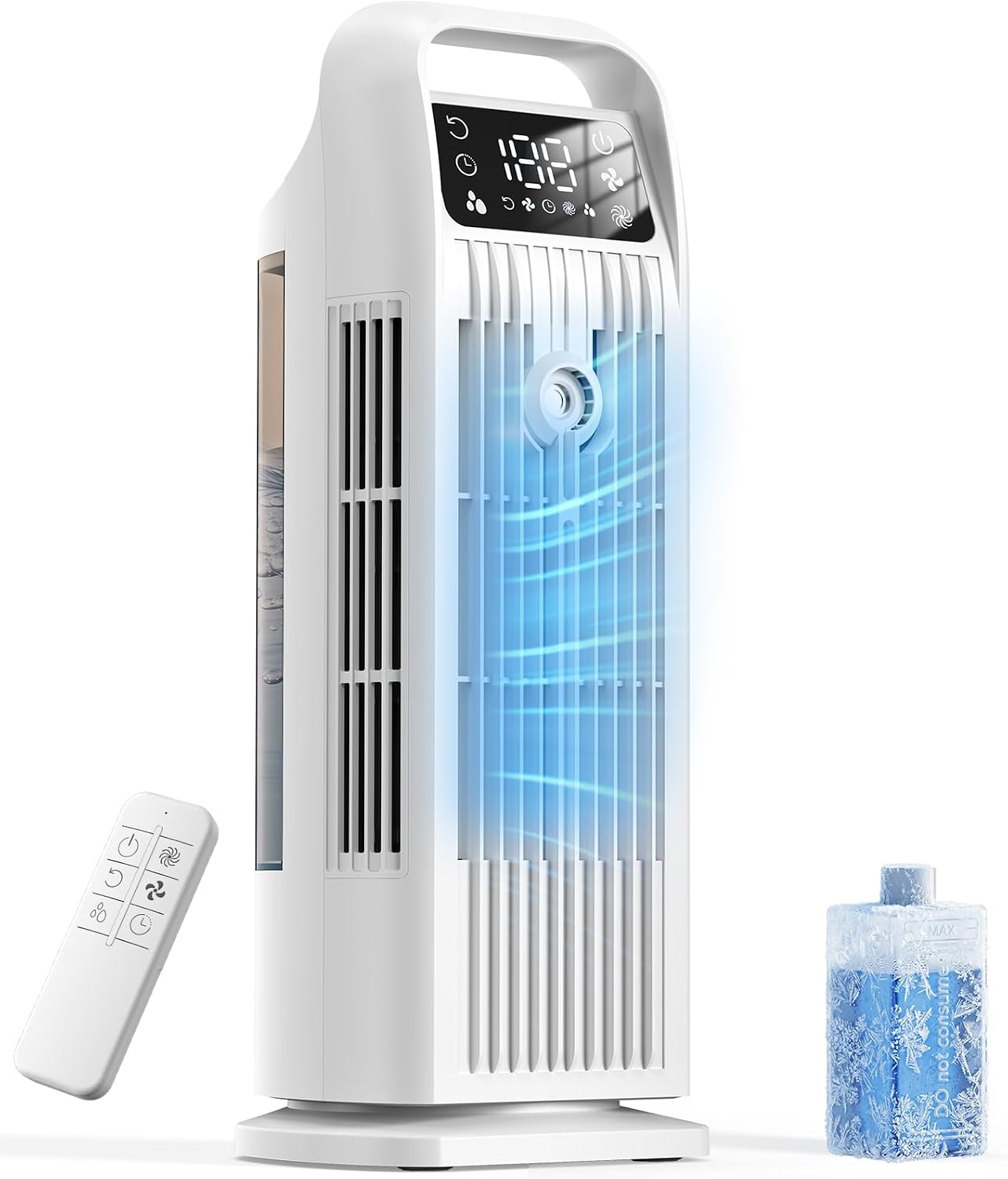 4-in-1蒸発空気クーラー、1200mlタンク、リモート、12時間タイマー、ホームオフィス用振動タワーファン、ホワイト
