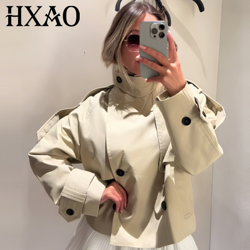 HXAO 女性のジャケット秋 2025 特大防水トレンチコートカーキクロッププラスサイズ長袖トップスシックな屋外ウインドブレーカー