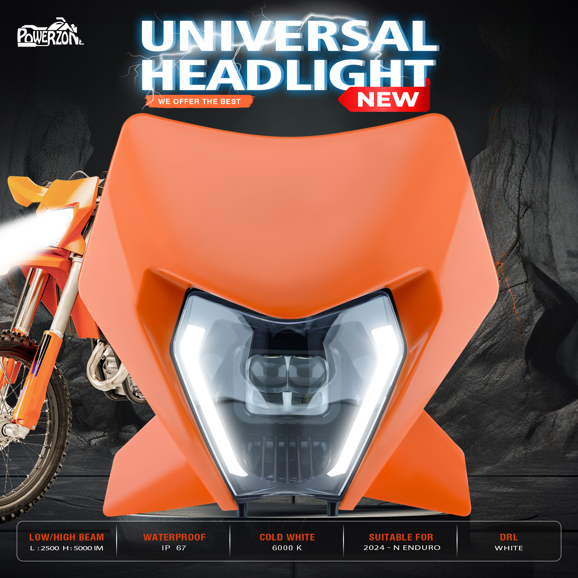 Powerzone 新 2024 LED オートバイヘッドライトヘッドライト KTM EXC XC SX MX 125 250 300 450 モトクロススーパーモトエンデューロヘッドライト