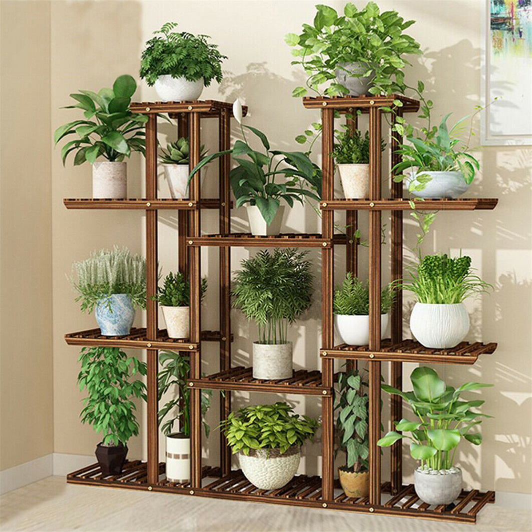 11 段木製植物スタンド炭化高拡大ポット陳列棚ホルダーフラワーショップオフィスガーデン屋内屋外装飾