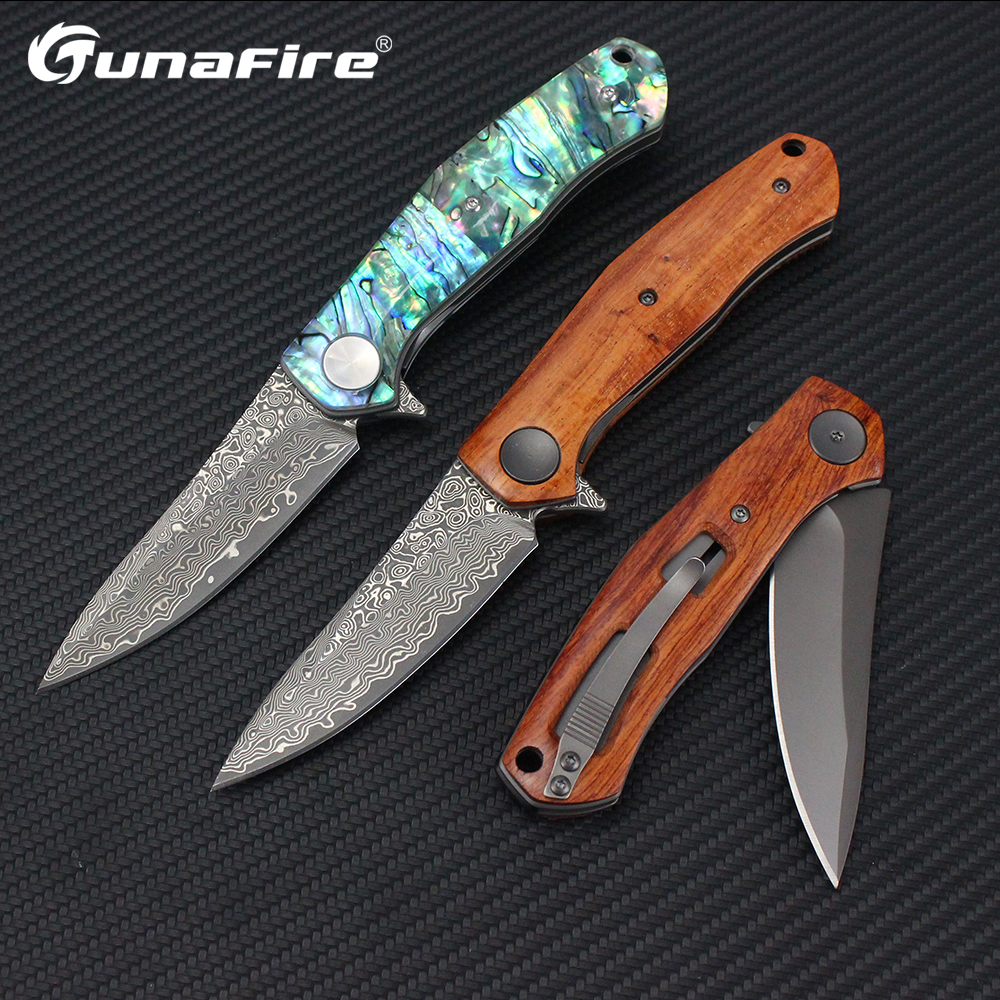 Tunafire VG10 ダマスカスナイフ狩猟サバイバル折りたたみナイフアワビシェルハンドル屋外キャンプポケットナイフ EDC ツール