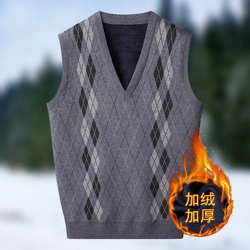 メンズ冬ニットフリースセーターベストレトロノースリーブ V ネックプルオーバーセーターニットチェック柄男の服暖かいボトミングベスト