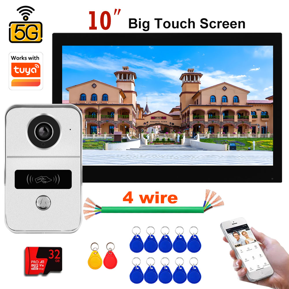 4 ワイヤー 7/10 インチ 1080P カメラスマート WiFi ドアベルホームビデオインターホンワイヤレスビデオドアホンシステム RFID アプリ NFC 4in1 ロック解除