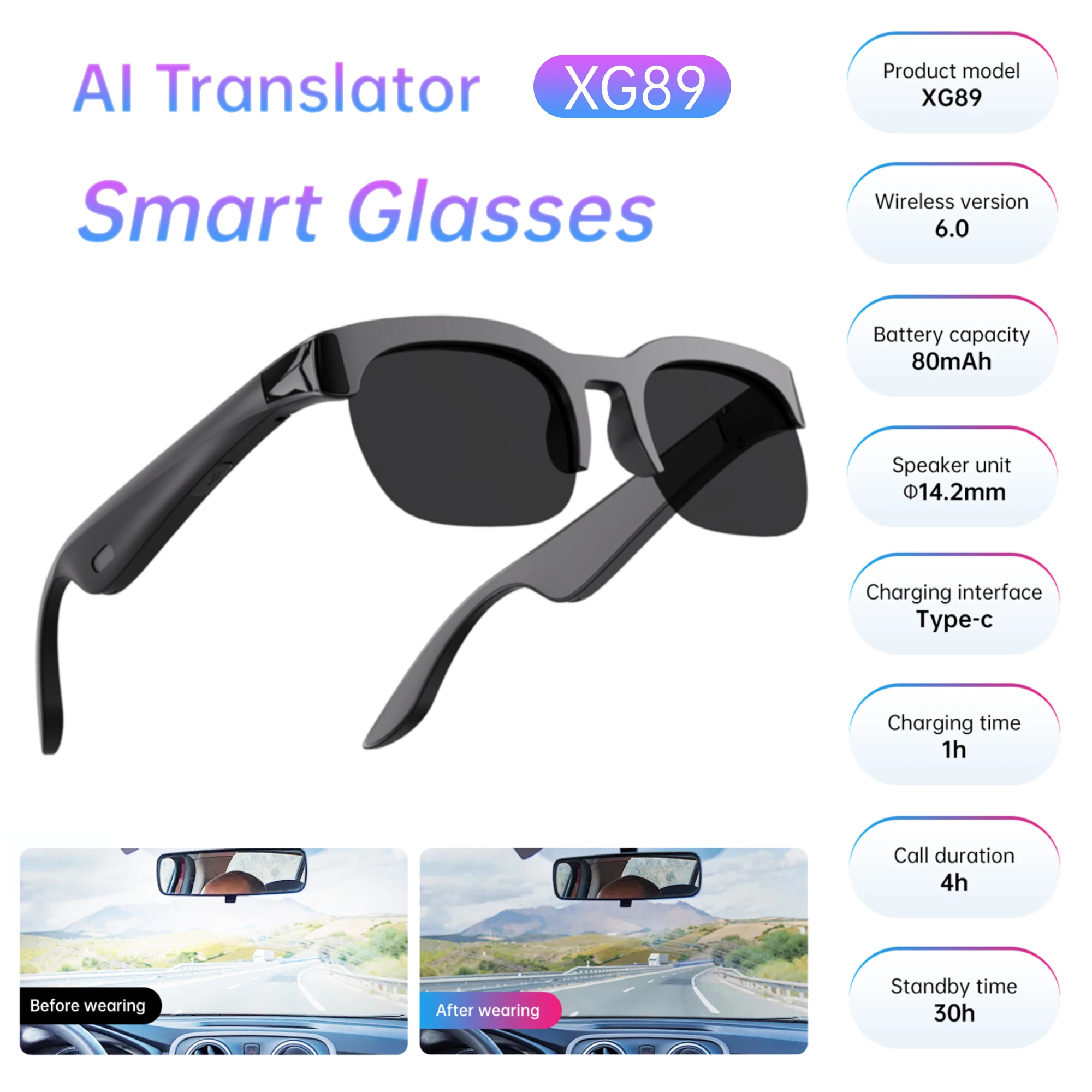 XG89 Bluetooth メガネリアルタイム AI スマート翻訳ハンズフリー通話オーディオメガネ UV 保護スポーツヘッドフォン男性/女性用