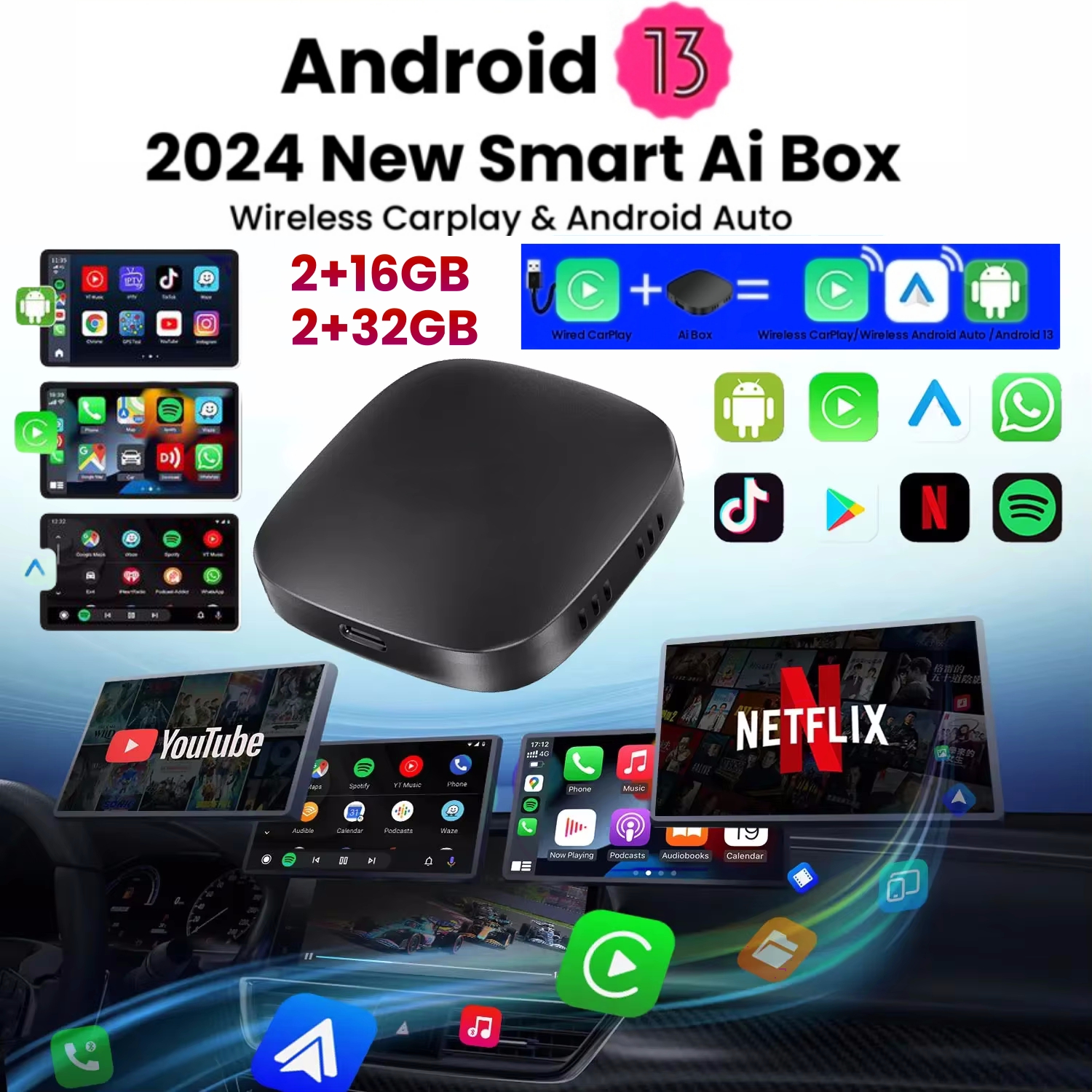 アンドロイド 13 Carplay AI ボックスワイヤレス Android 自動スマート TV ボックス Youtube Netflix トヨタマツダヒュンダイ Haval GMC フォード MG VW 起亜