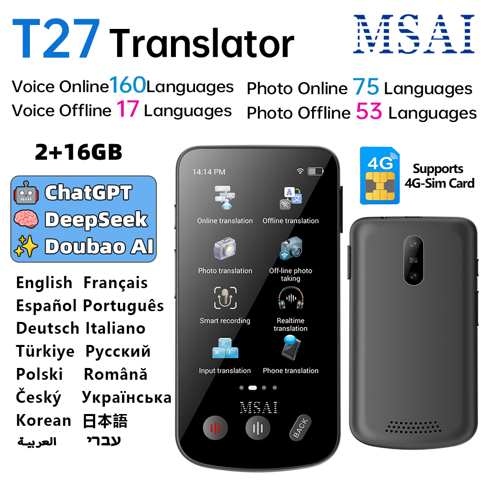 MSAI T27 160 言語翻訳デバイス 4G Sim 2 16GB 音声写真翻訳 AI リアルタイムオンラインオフライン翻訳旅行用