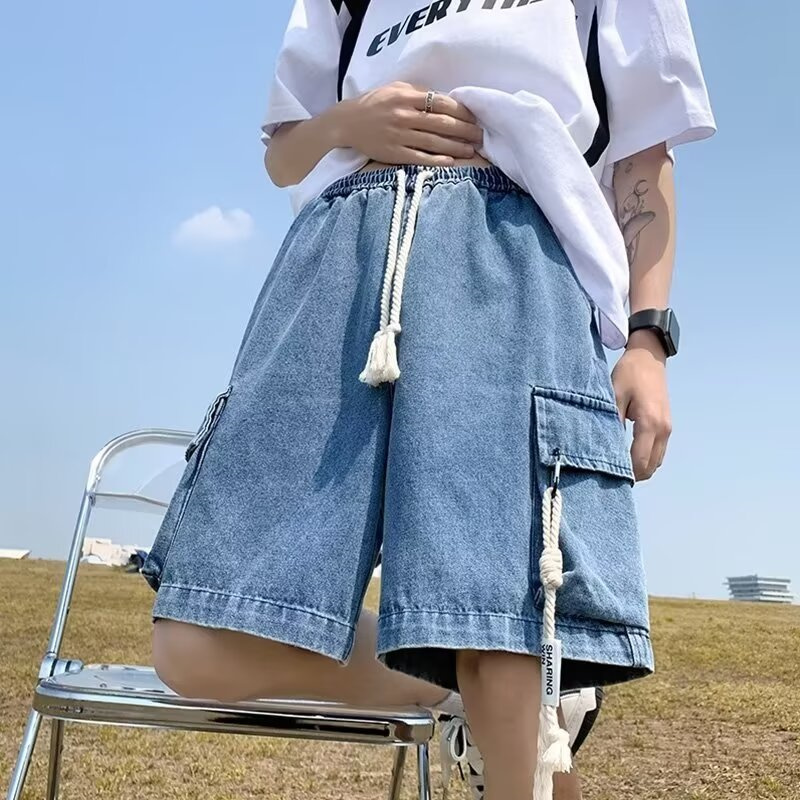 夏マルチポケットカーゴデニムショーツ男性のためのユーズド加工ハイストリート巾着だぶだぶジョルトブルー Y2K ヴィンテージショートジーンズ