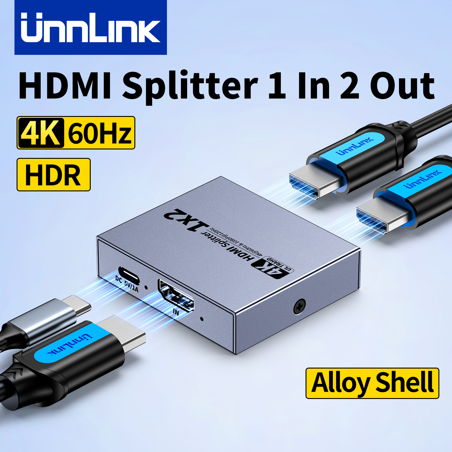 Unnlink 1x2 HDMI スプリッター 4K@60Hz 1 in 2 Out ビデオ スプリッター ホームシアター、デュアル TV、ゲーム、映画鑑賞 HDCP 2.2 HDR サポート