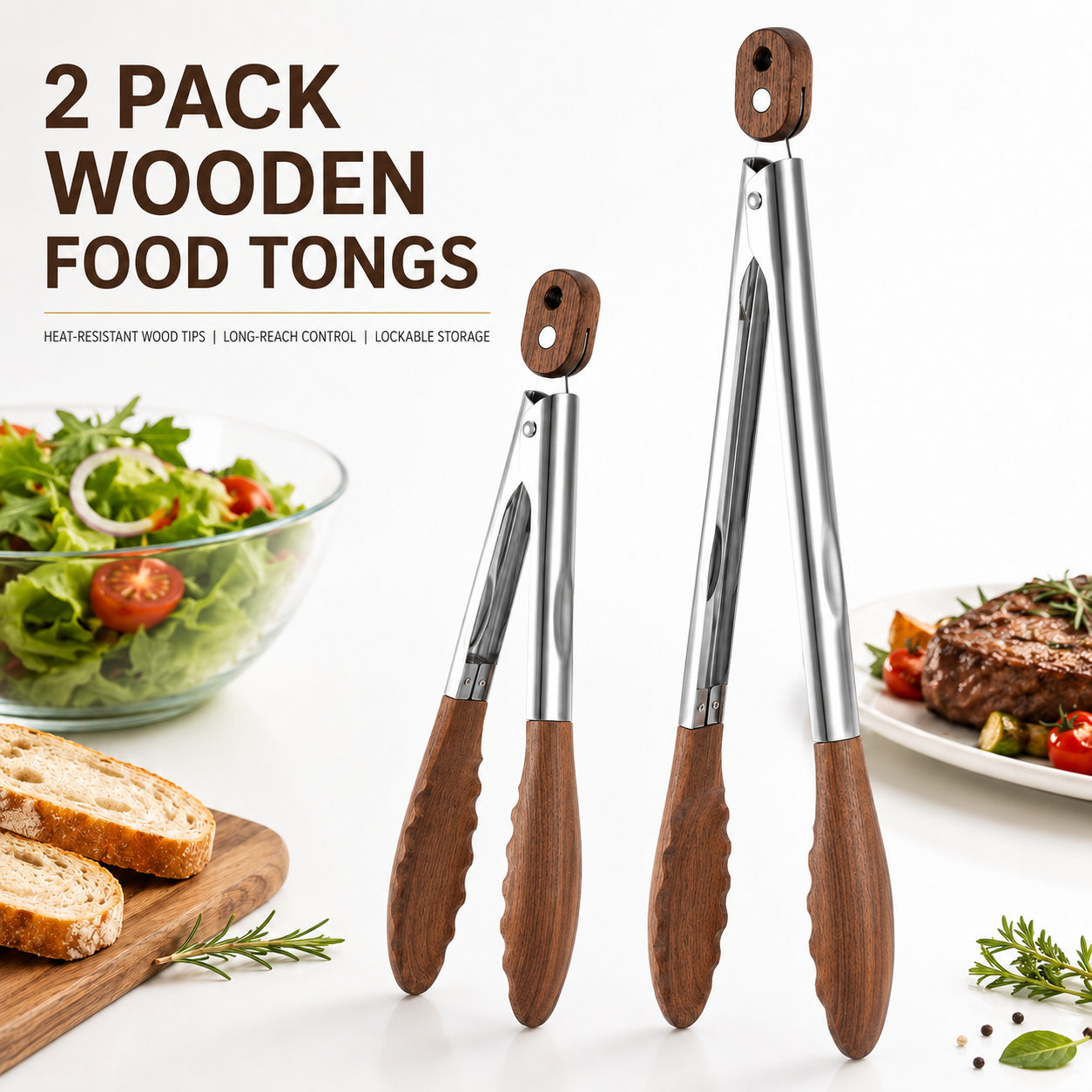 2 パックプレミアム木製キッチントング食品サービングトング 12/15 インチステンレス鋼バーベキュートングヘビーデューティバーベキューアクセサリー