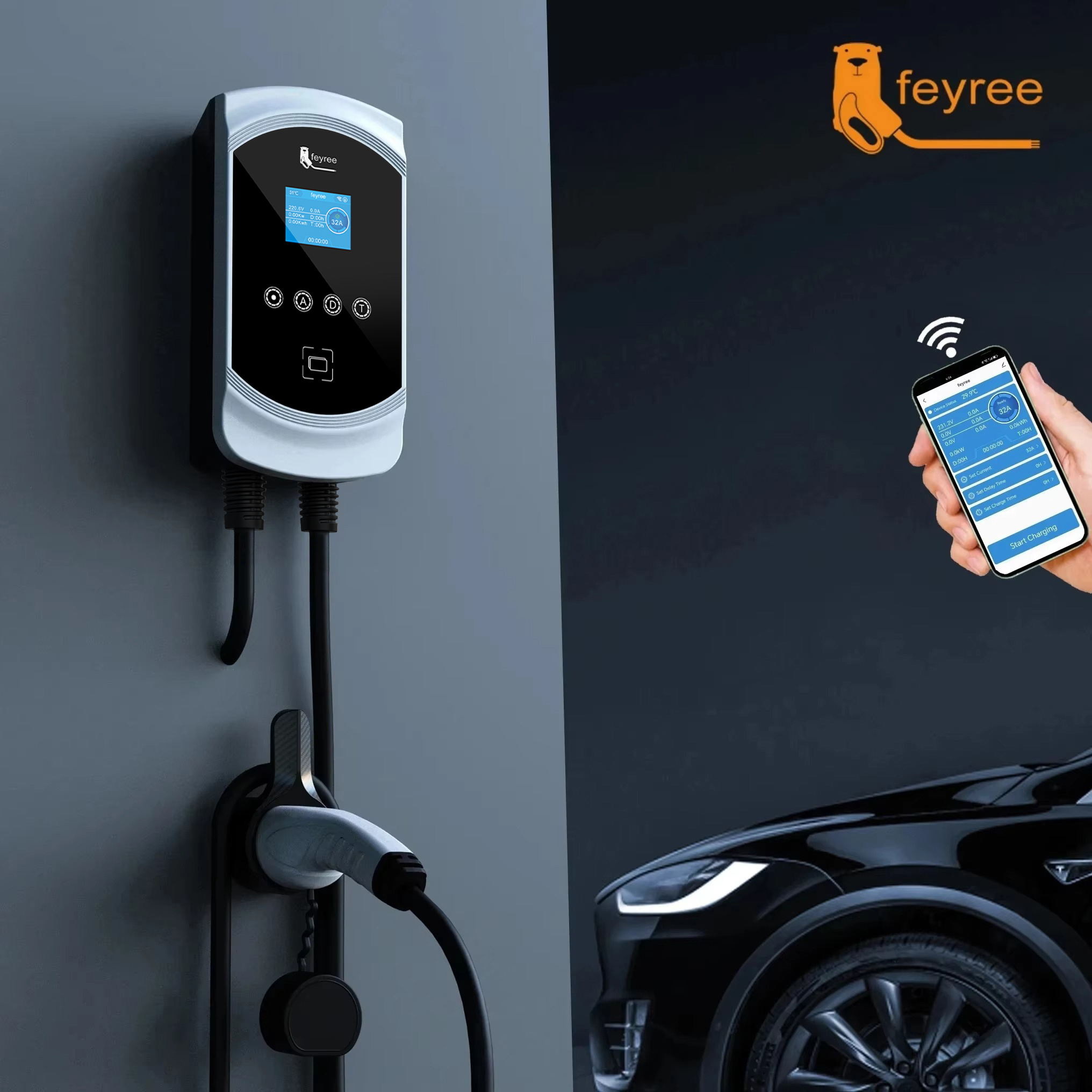 Feyree EV 充電器 22KW 11KW 3 相 Type2 ケーブル 32A 7.6KW 電気自動車車の充電器 IEC62196-2 ソケット EVSE ウォールボックス APP 制御