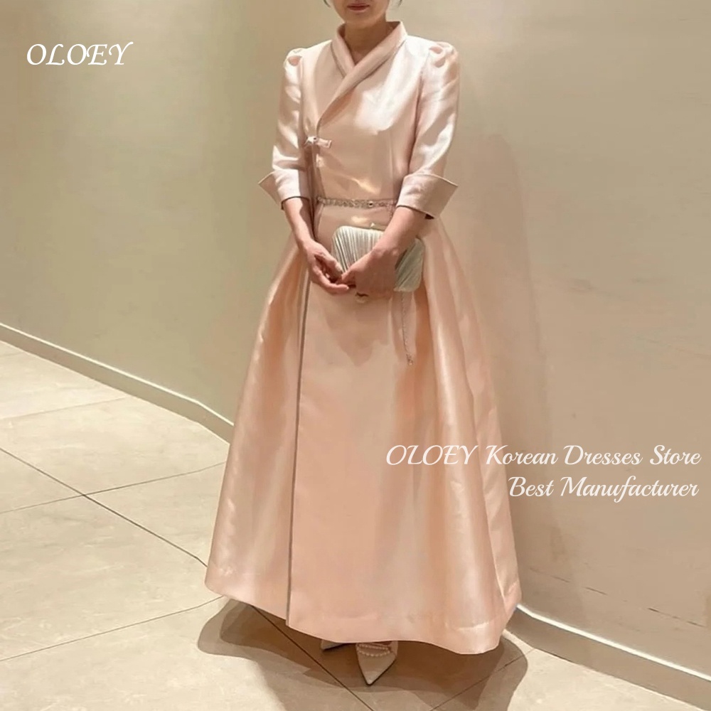 OLOEY エレガントな韓国韓服ドレス ピンク サテン 長袖ラップ フロント A ライン シルエット フロアレングス フォーマル パーティー ドレス Vestidos