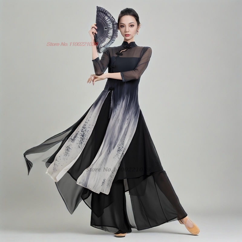 2026 中国ヴィンテージ韓服ダンスドレス国家水墨画メッシュ袍トップスパンツセットフェスティバル民族衣装ステージパフォーマンス