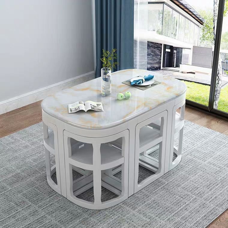 #Marble Solid Wood Minimalist Modern Dining Table Chair Combination Hidden Dining Chair for Small Apartment Living Room Custom