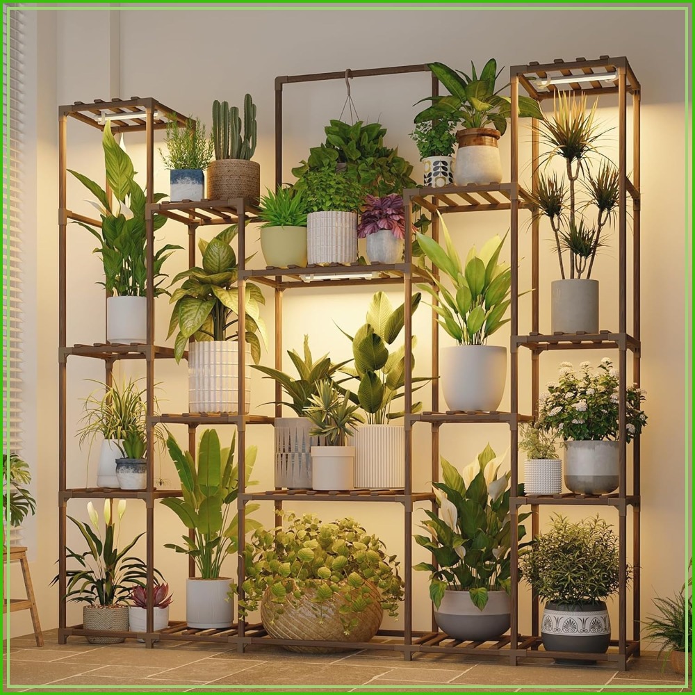 17段植物スタンド 成長ライト付き、屋内ディスプレイ用の大型植物棚、リビングルームのパティオ装飾用の頑丈な植物ラック