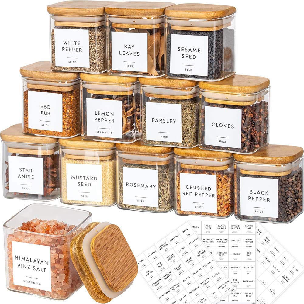 5オンスのガラス瓶セット スパイスラベル付き 四角いスパイス瓶 竹製蓋/ステッカーラベル付き 食品保存容器 キャニスター