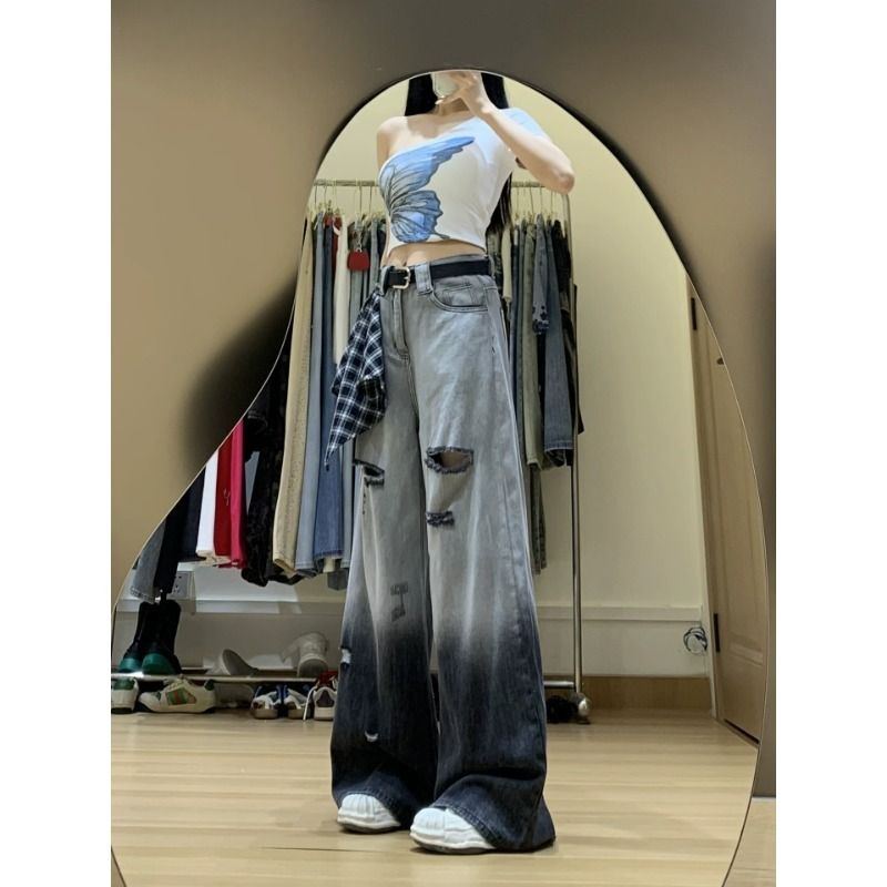段階的デザイン リップド デニム ジーンズ レディース 夏 薄い ドレープ スリム ワイドレッグ パンツ ルーズ 床丈 トレンディ カジュアル スタイル