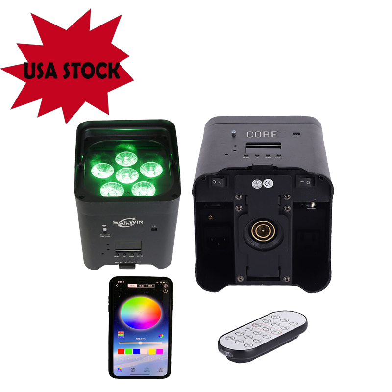Sailwin USA/EU Stock Disco LED Uplight 6X18W RGBAW UV Battery Powered Wifi APP Phone Control LED Par Light Smart Stage Lighting