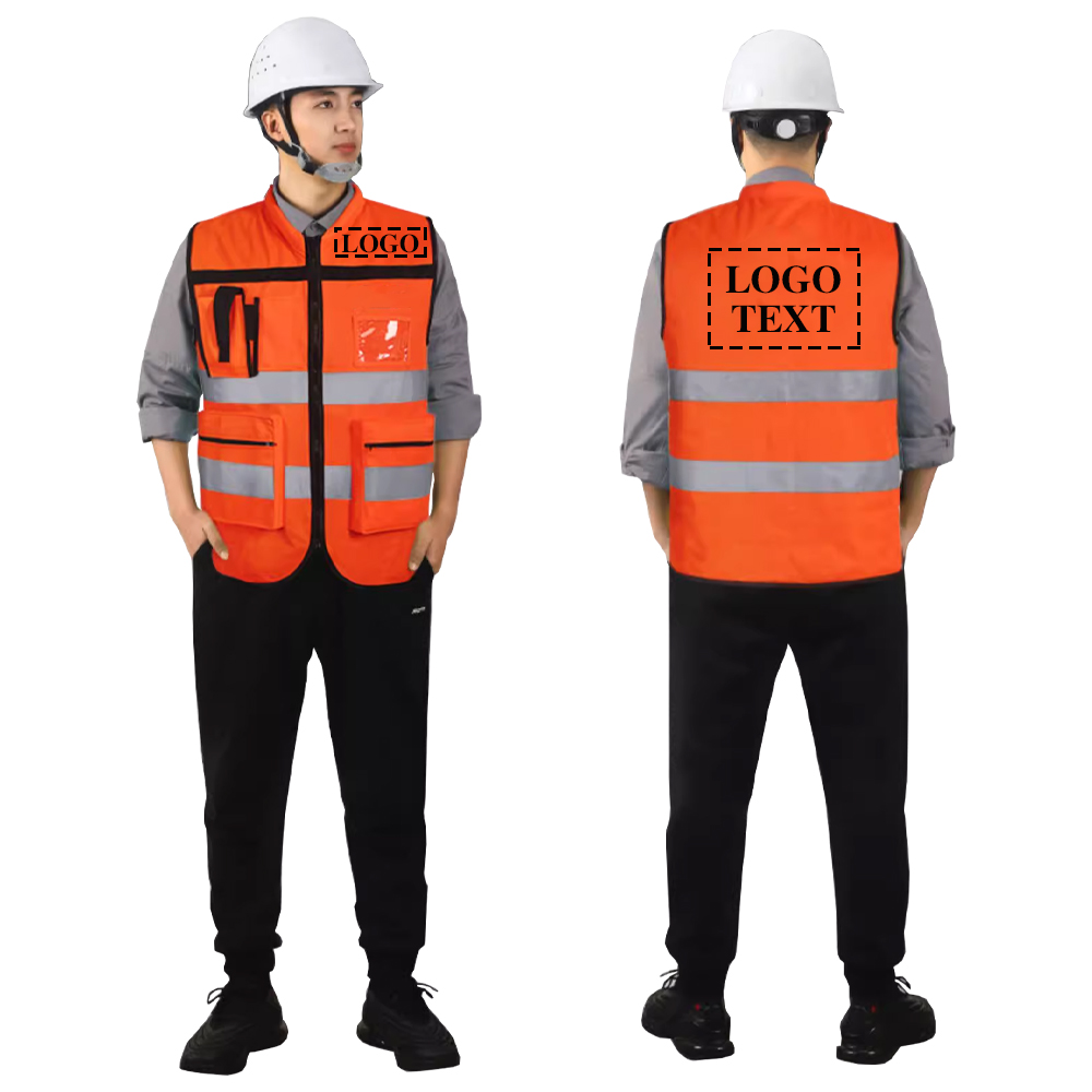 カスタムロゴメンズ作業ベスト建設作業服ポケットとジッパー付きハイビズ作業服