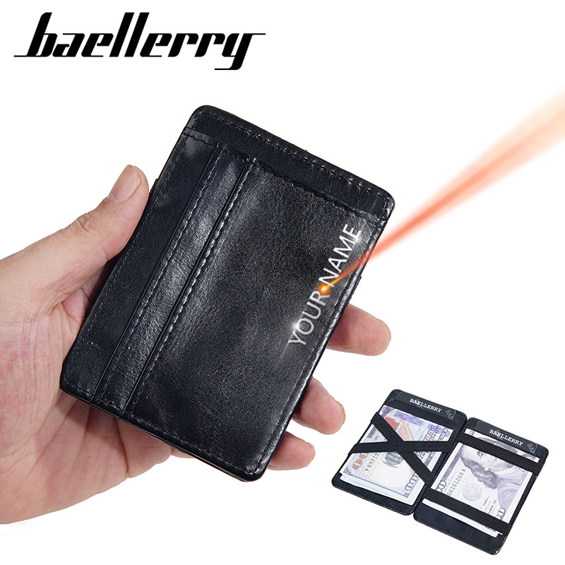 Baellerry 新しいメンズショート財布名彫刻小さなカードバッグマジック男性財布 Pu レザーミニカードカバーブランド財布男の子のための