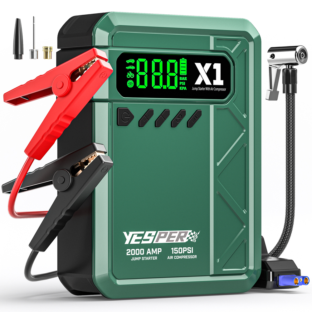YESPER 2000A ピークジャンプスターターブースター、冬季対応 -20°C、150PSI エアコンプレッサー、12V 8L ガス/6L ディーゼルエンジン用、スクリーン