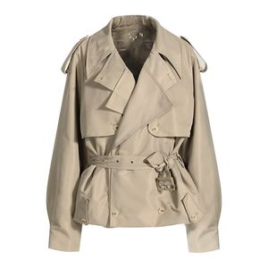 春物ジャケット、シンプルなワークウェアスタイル、ゆったりとしたフィット感、大きなダブルブレスト、ショート丈のウエストタイトレンチコート、ファッショナブルな女性服